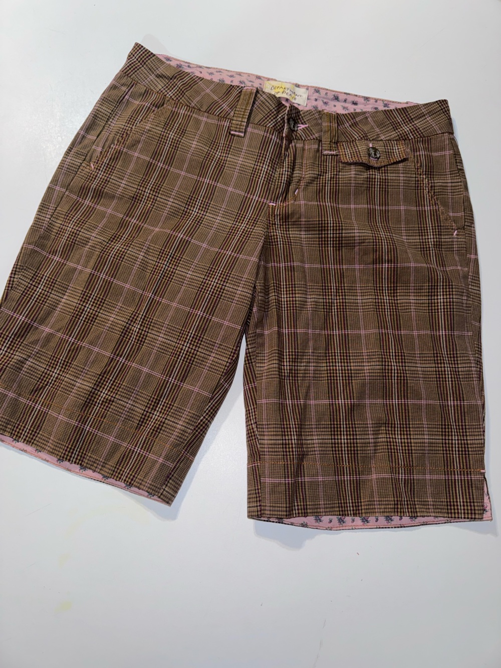 Womens Y2K Department of Peace Pink & Brown Plaid Bermuda Shorts‎